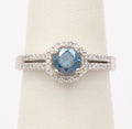 Vintage 14K White Gold Blue Topaz Diamond Halo Ring, Engagement Rig