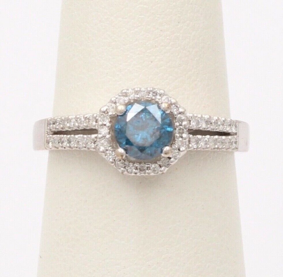 Vintage 14K White Gold Blue Topaz Diamond Halo Ring, Engagement Rig