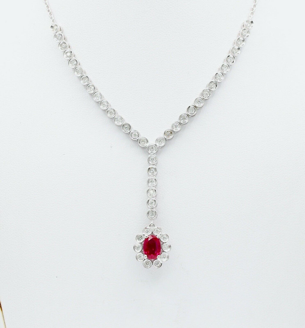 Vintage Ladies Oval Ruby Diamonds 18K White Gold Necklace