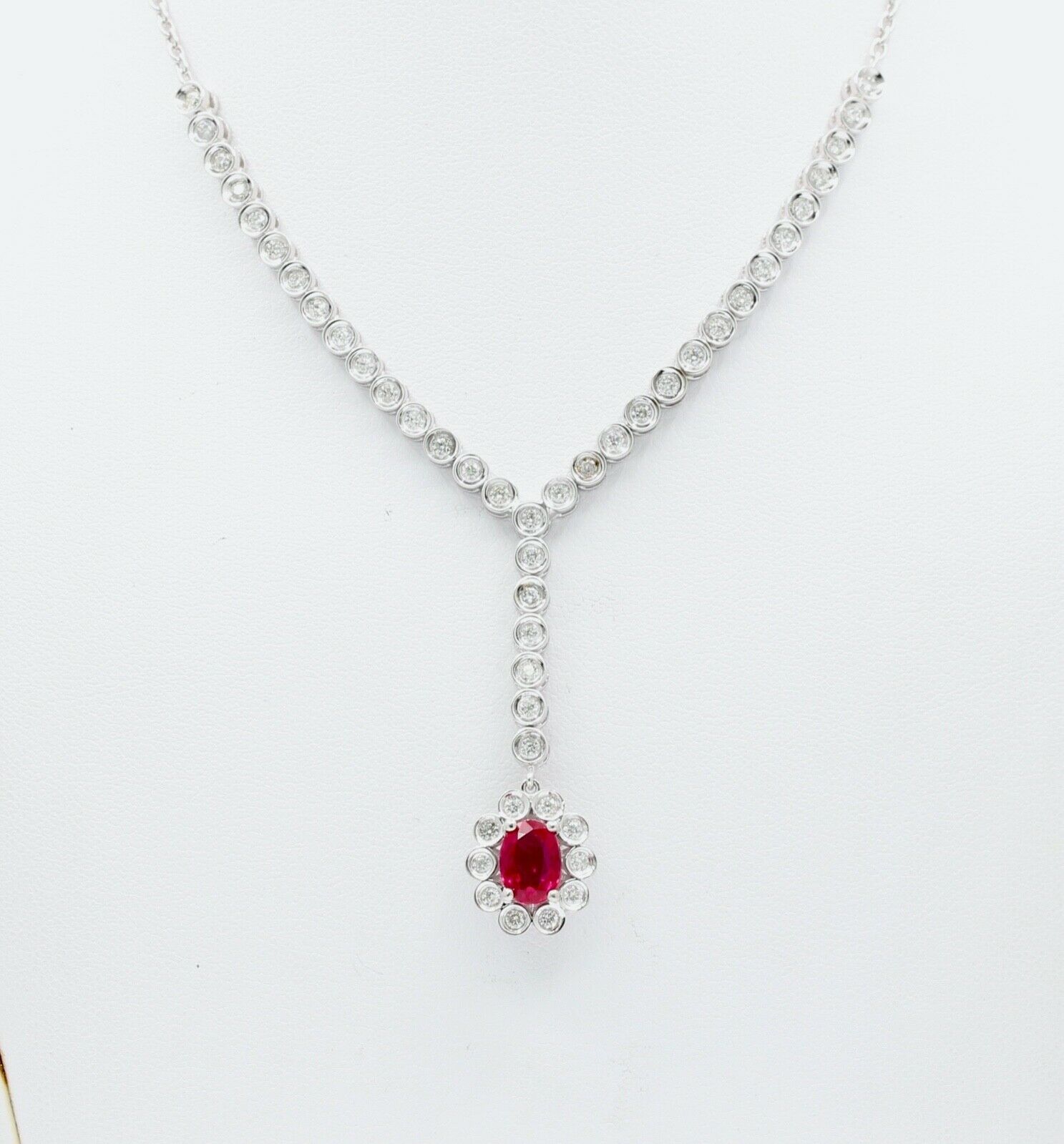 Vintage Ladies Oval Ruby Diamonds 18K White Gold Necklace