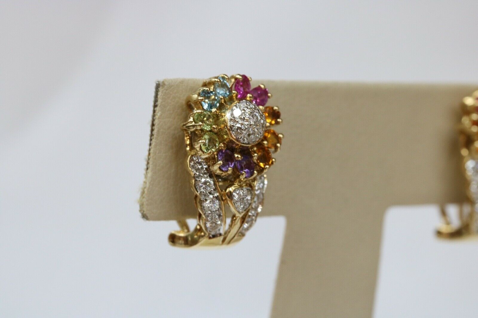 Vintage Sparkling Multi Stone 18K Yellow Gold French Clip Earrings