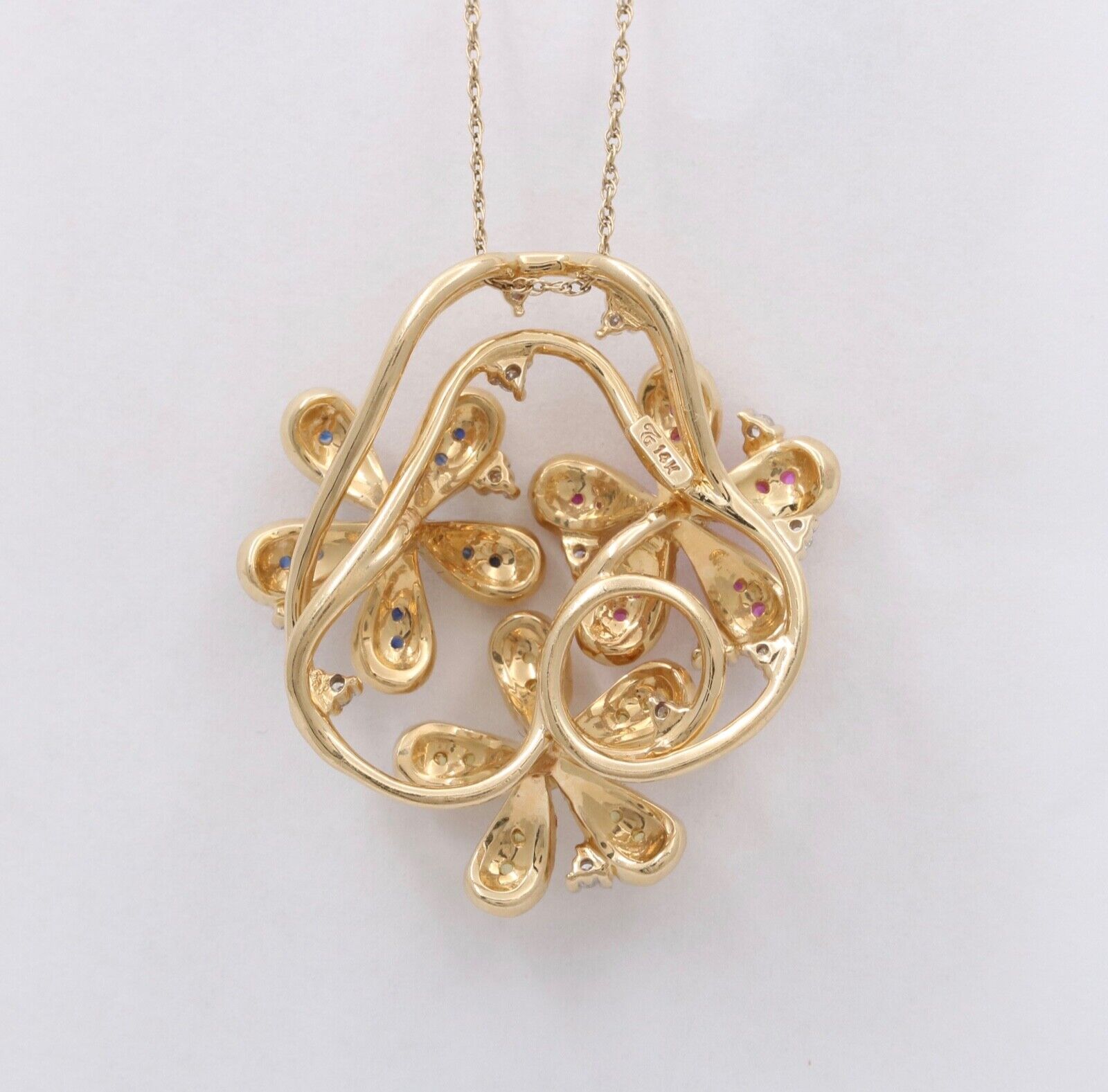 Lovely Multi-Color Sapphire and Diamond 14K Yellow Gold Flower Pendant, Necklace