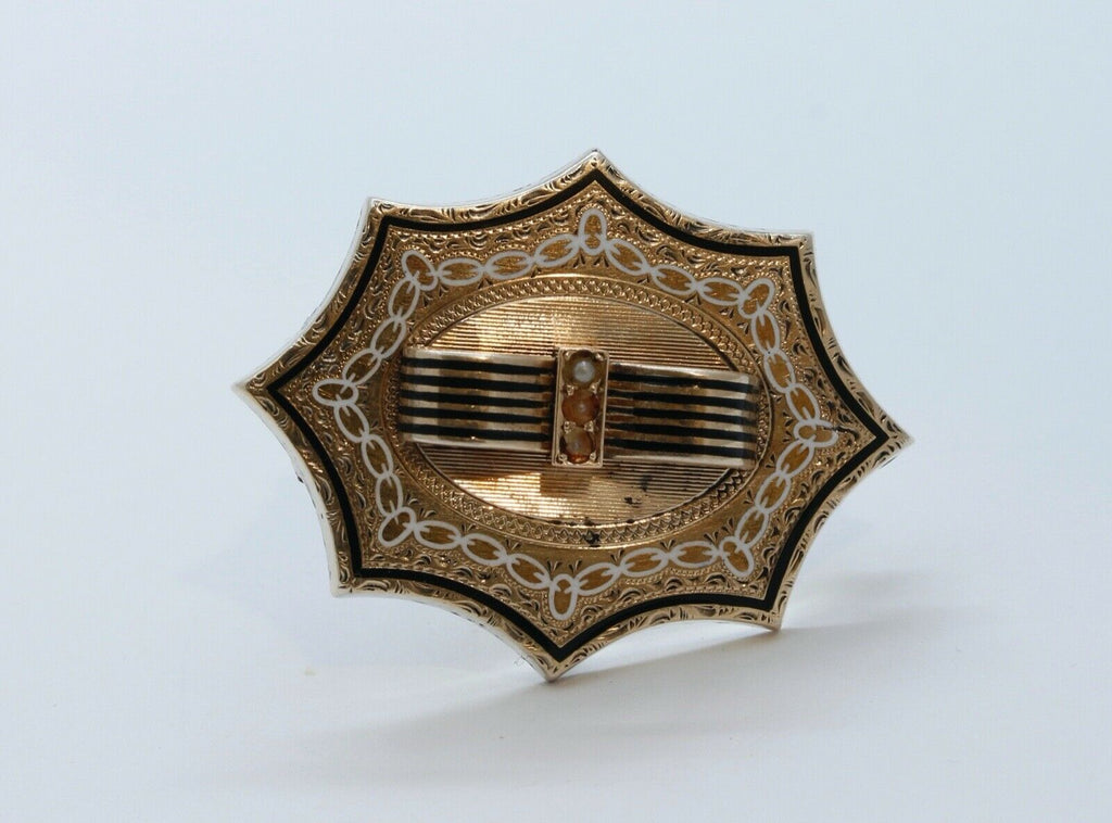 Victorian Mourning 9K Yellow Gold Onyx Enamel Seed Pearls Brooch Pin