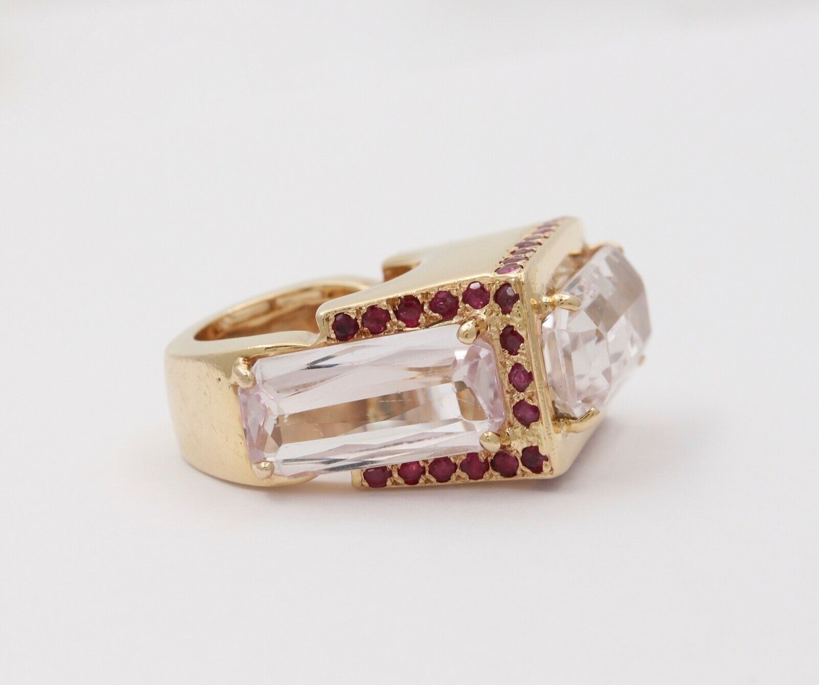 Striking 14K Yellow Gold Pink Kunzite And Ruby Tank Ring, Statement Ring
