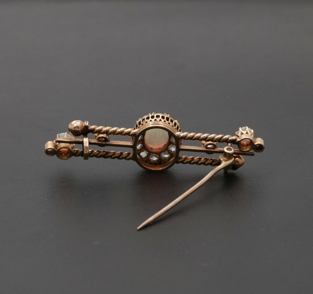 Victorian Opals Diamonds 14K Rose Gold Brooch Pin