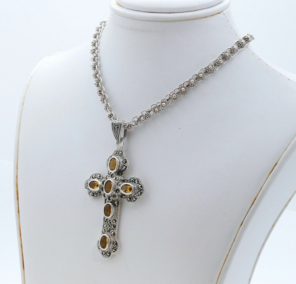 Navajo Citrine Marcasite Sterling Silver Cross Pendant