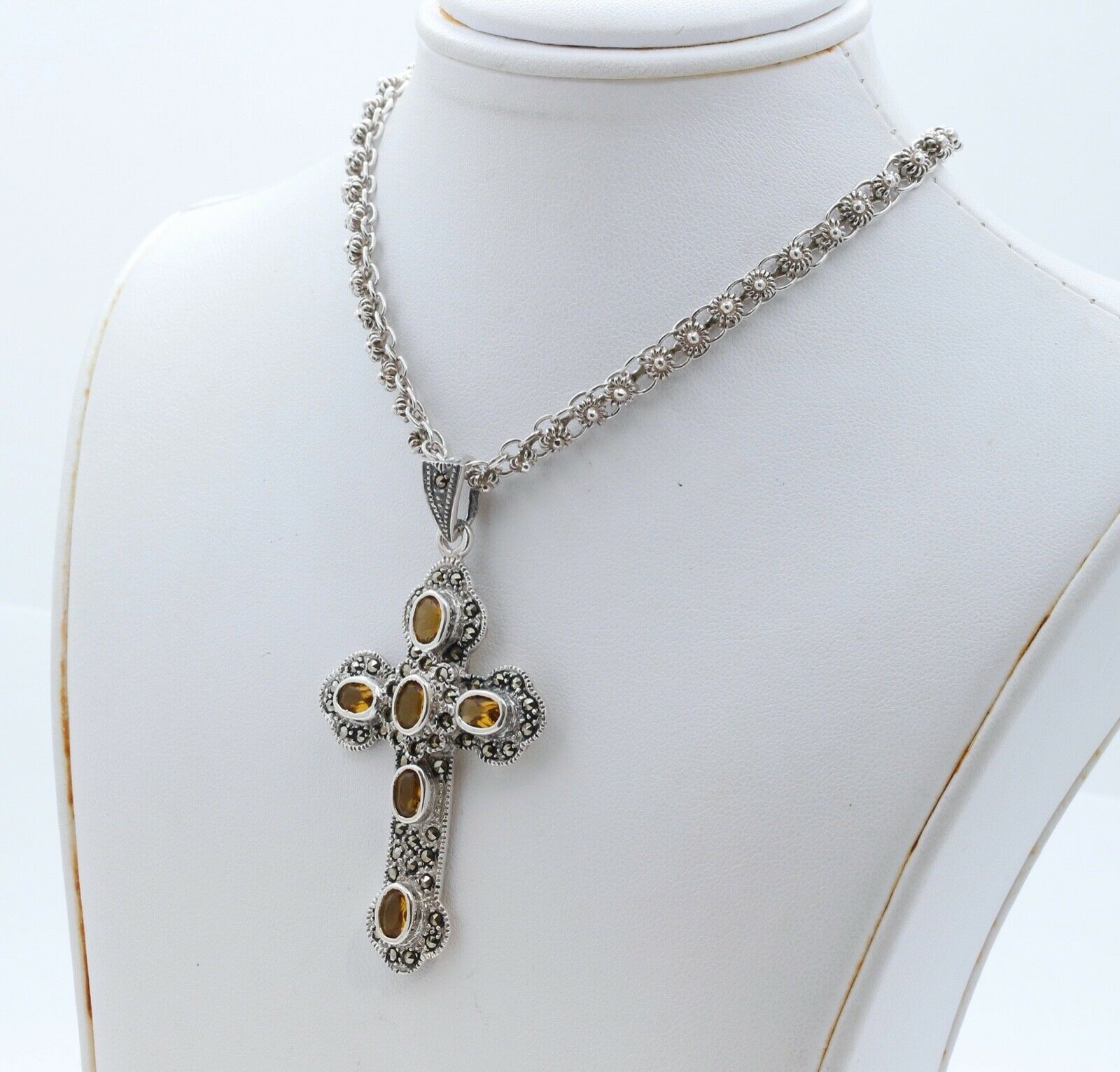 Navajo Citrine Marcasite Sterling Silver Cross Pendant