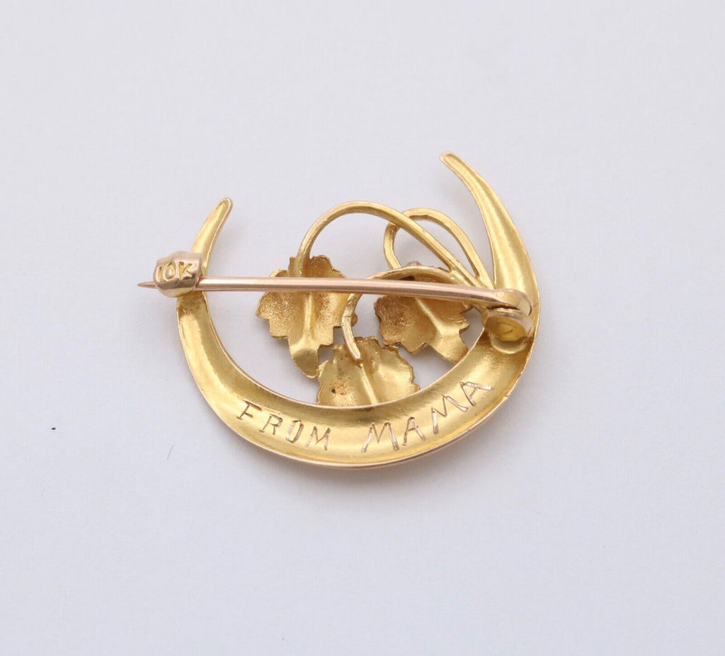 Antique Art Nouveau 10K Gold Leaf & Crescent Moon Pin. Antique Brooch.
