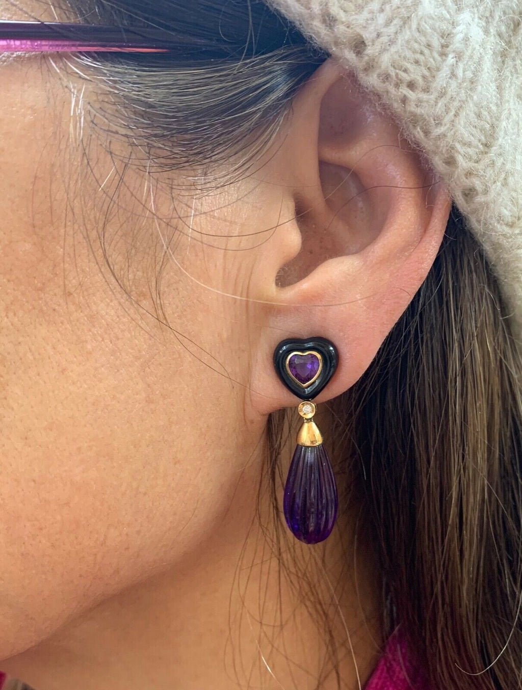Vintage Bvlgari Style Amethyst Black Onyx Diamonds 14K Yellow Gold Earrings