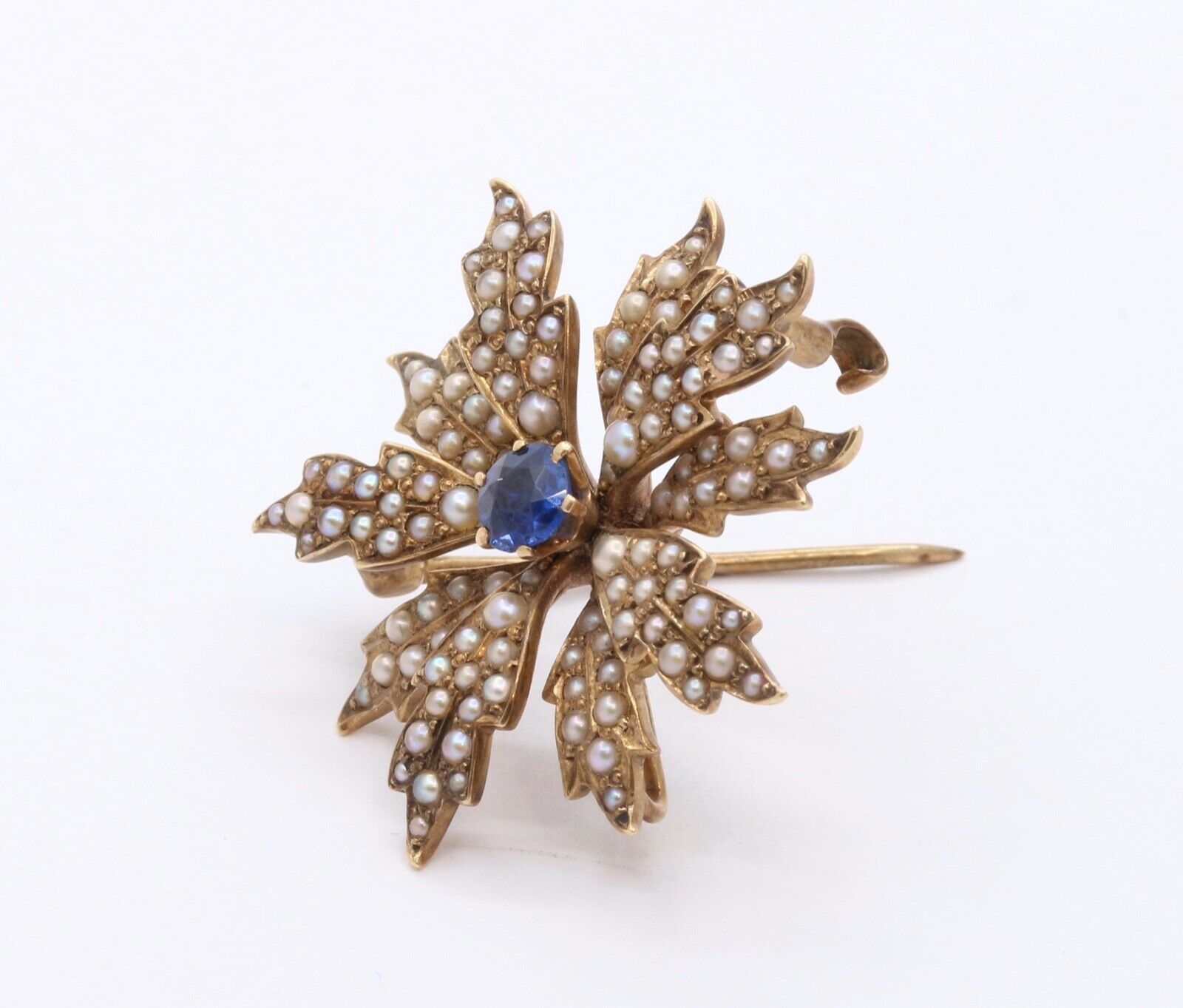 Edwardian 14K Yellow Gold Sapphire Seed Pearls Brooch Pin Pendant