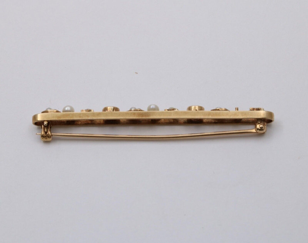 Antique Art Deco 14K Yellow Gold Sapphire & Pearl Bar Pin.