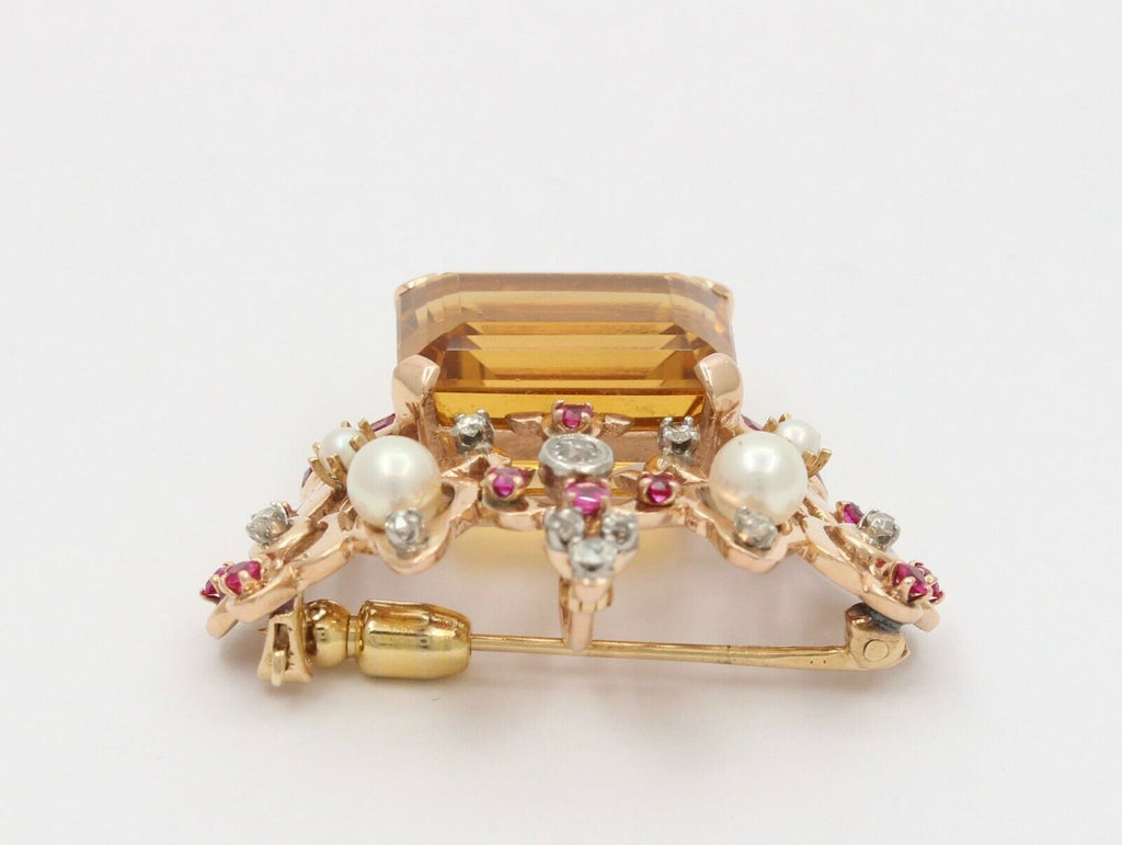 Vintage Retro 14K Rose Gold Royal Crown Citrine Ruby Diamond Pearl Brooch
