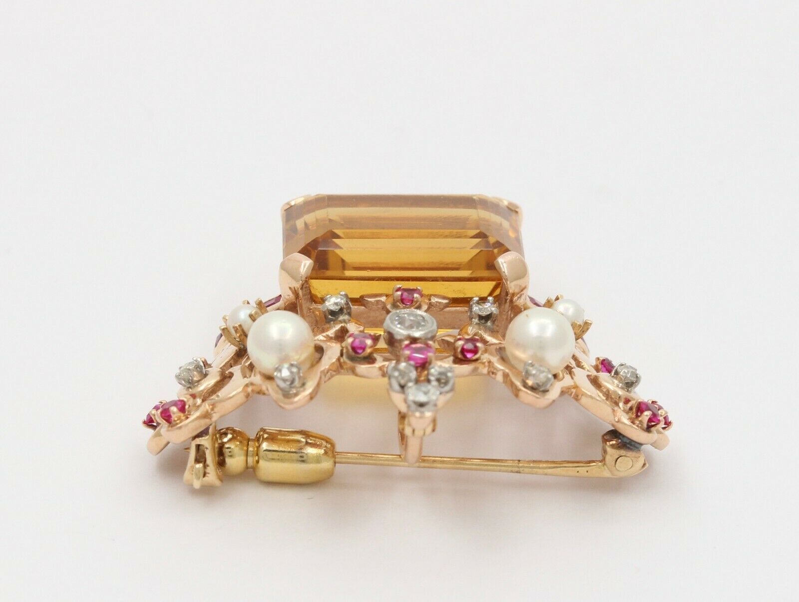 Vintage Retro 14K Rose Gold Royal Crown Citrine Ruby Diamond Pearl Brooch