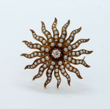 Load image into Gallery viewer, Victorian Shreve and Co Starburst 14K Yellow Gold Diamond Seed Pearls Brooch Pin
