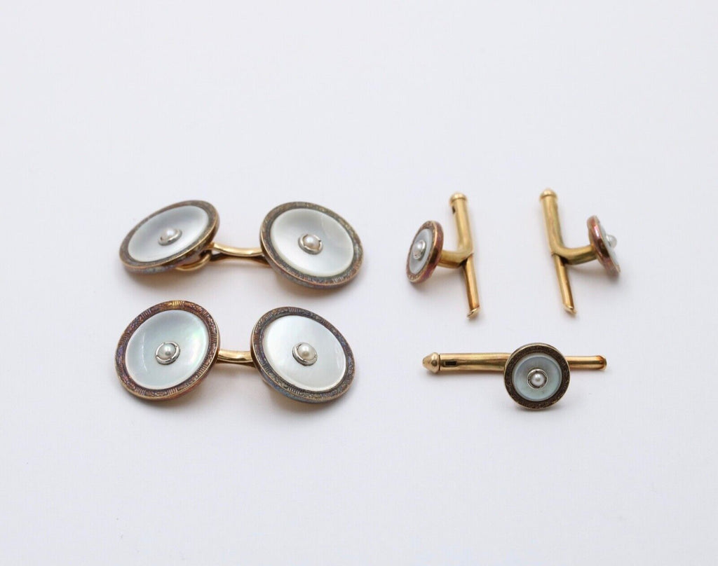 Vintage 14K Gold Mother Of Pearl & Pearl Cufflinks And Dress Studs Set