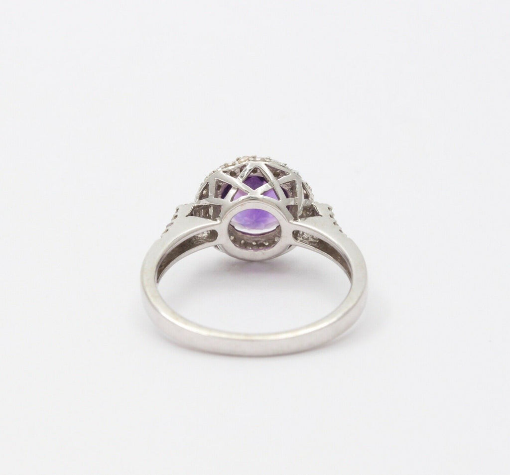 Vintage 14K White Gold Round Amethyst Diamond Halo Ring, Engagement Ring