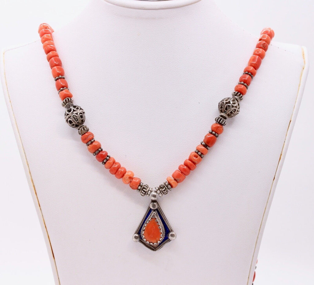 Antique European Coral Enamel 800 Silver Necklace