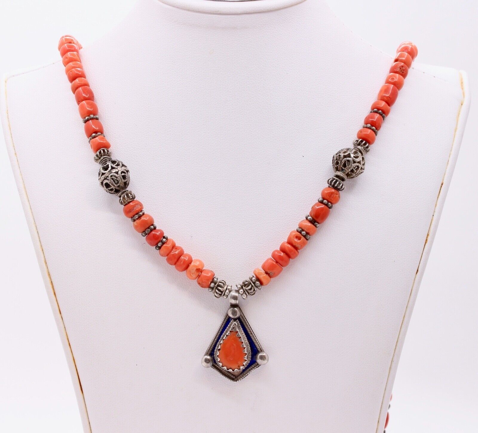 Antique European Coral Enamel 800 Silver Necklace
