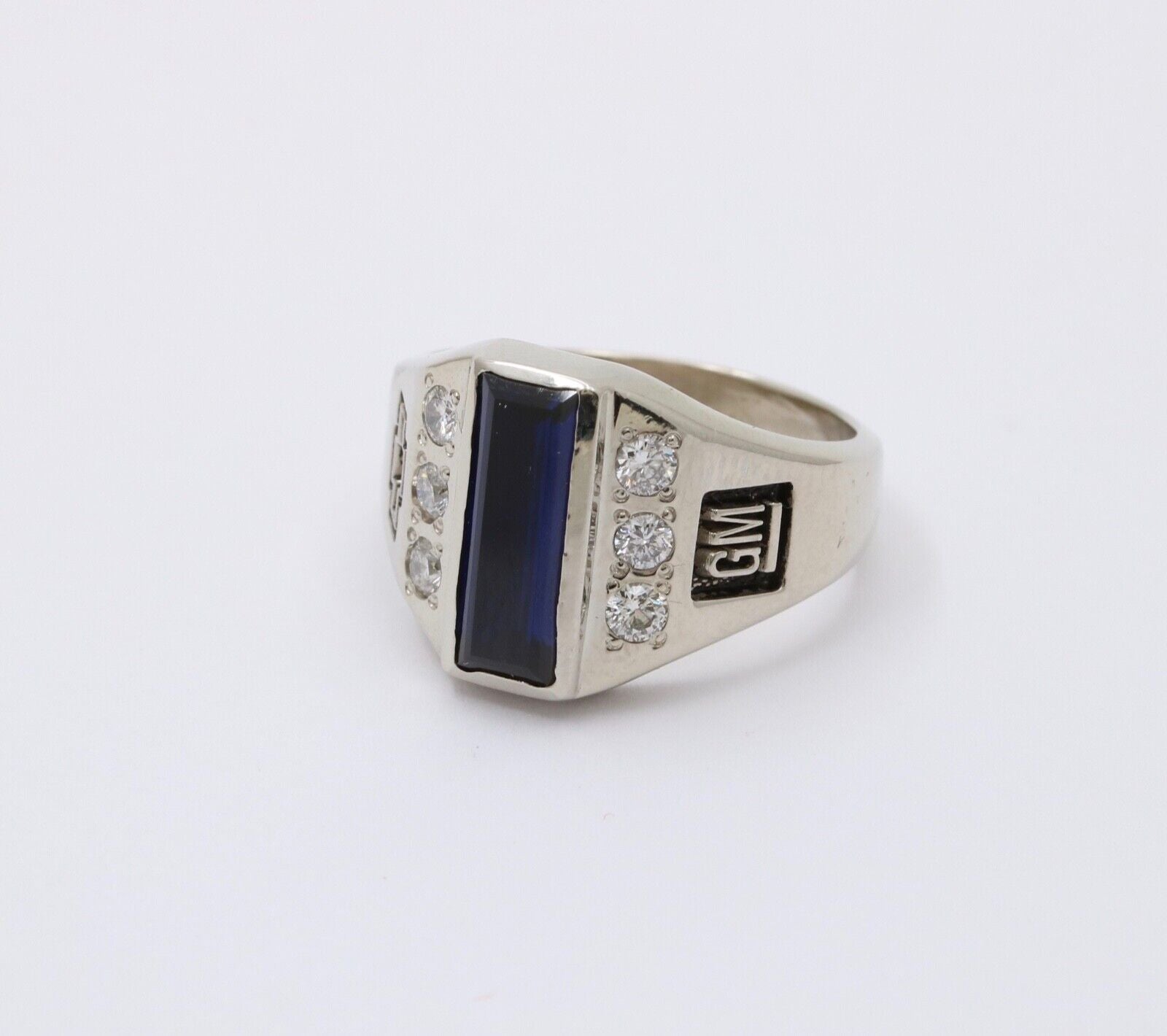 Vintage GM Chevy Bowtie Blue Sapphire Diamonds 10K White Gold Ring