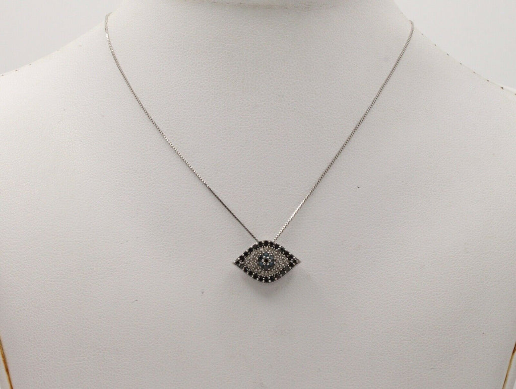 Beautiful Evil Eye Apotropaic Diamonds Sapphires 14K White Gold Pendant & Chain