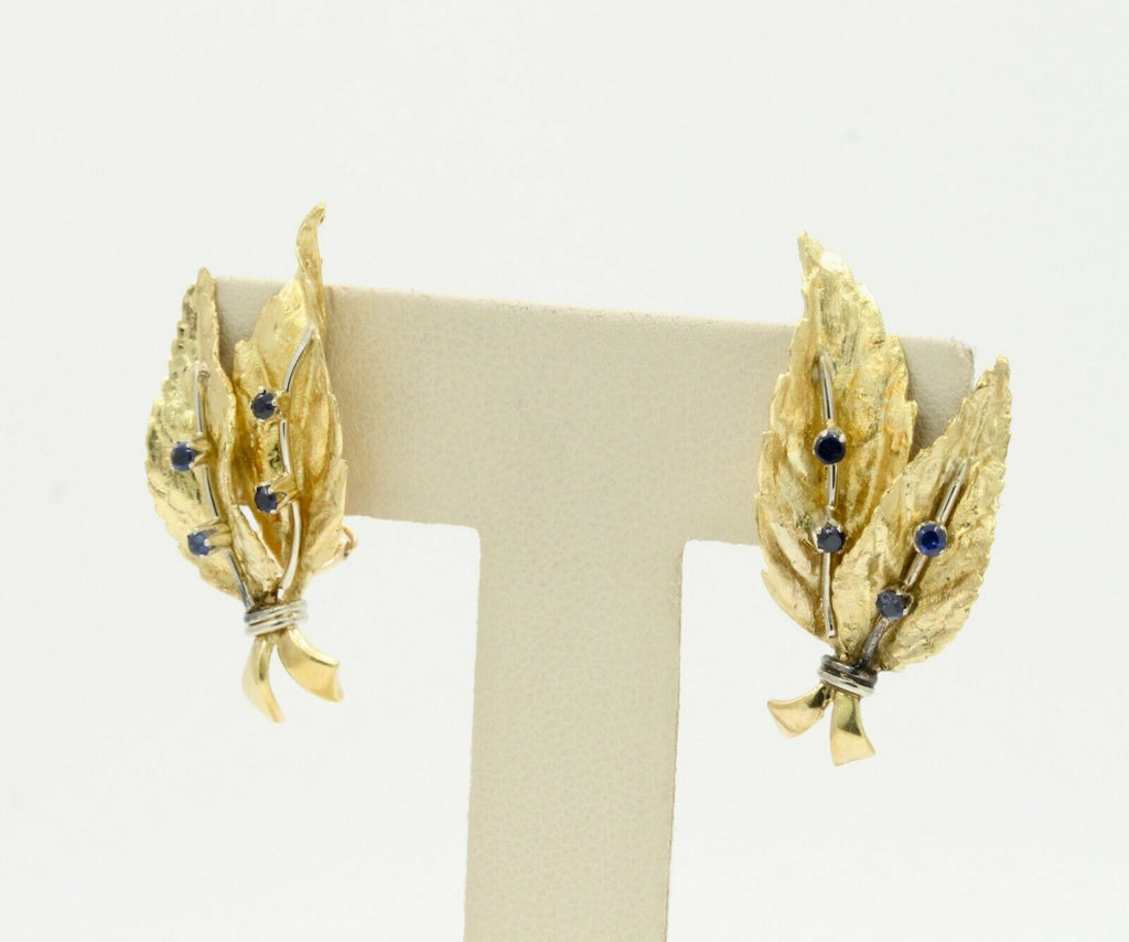 Vintage 18K Yellow Gold Sapphire Leaf Earrings