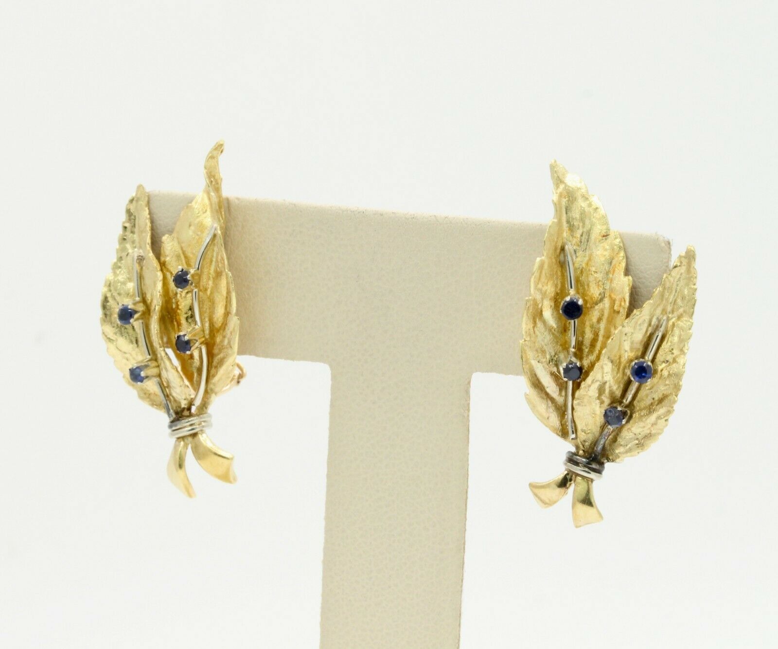 Vintage 18K Yellow Gold Sapphire Leaf Earrings
