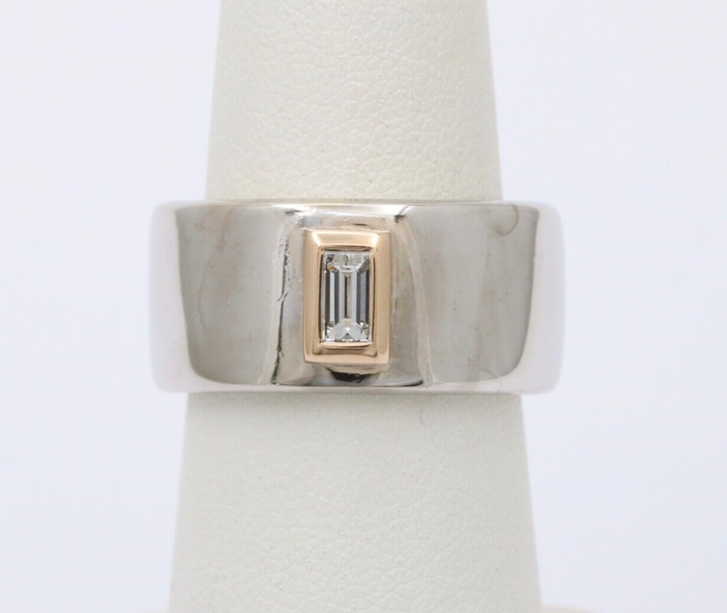 Funky 18K Gold Step Cut Baguette Diamond Wide Cigar Band, Stacking Ring.