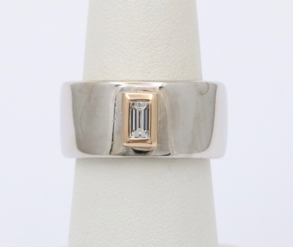 Funky 18K Gold Step Cut Baguette Diamond Wide Cigar Band, Stacking Ring.
