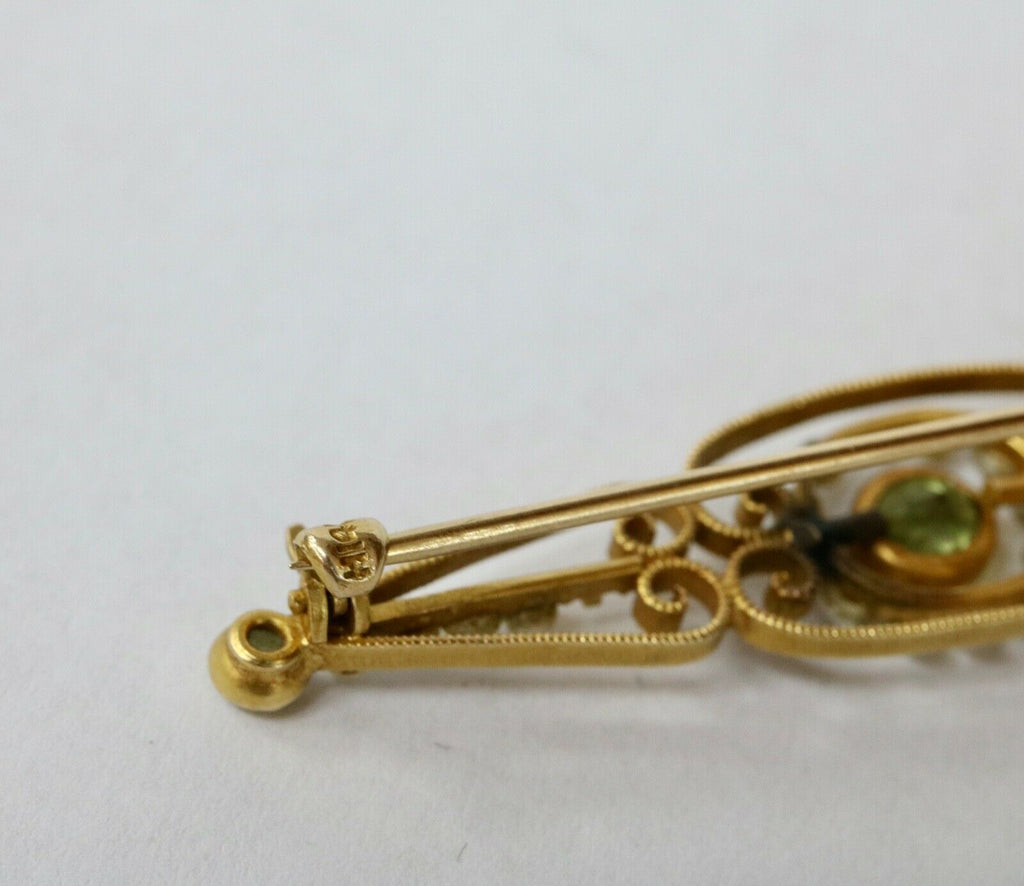 Art Nouveau Peridot & Button Pearl Gold Bar Pin