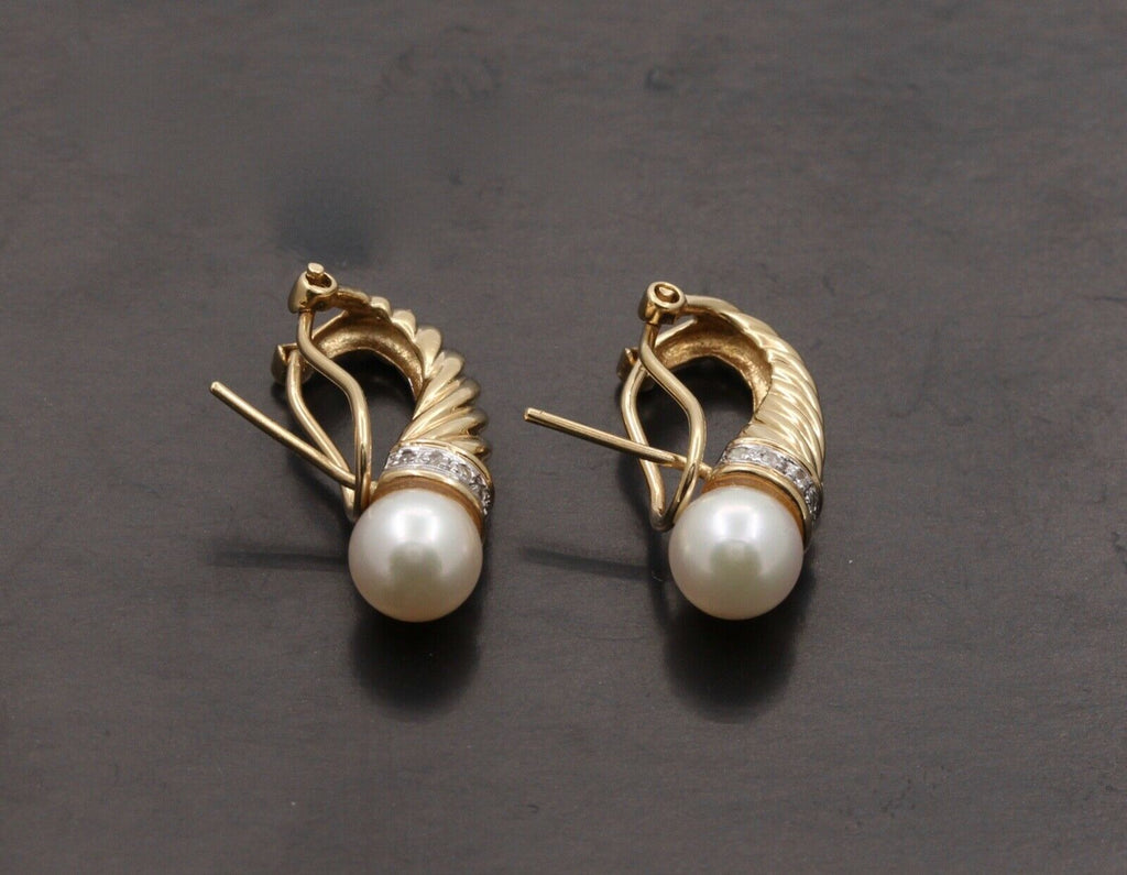 Vintage Shrimp Style Pearl Diamonds 14K Yellow White Gold Earrings