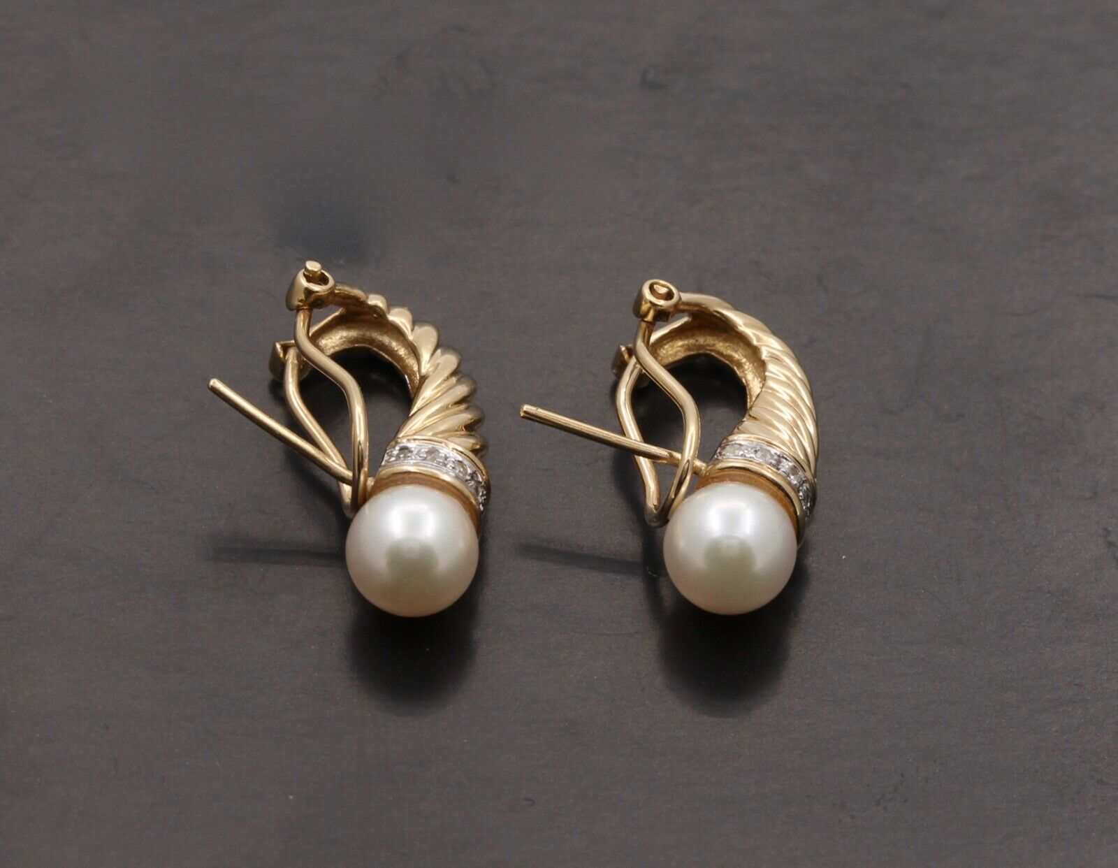 Vintage Shrimp Style Pearl Diamonds 14K Yellow White Gold Earrings