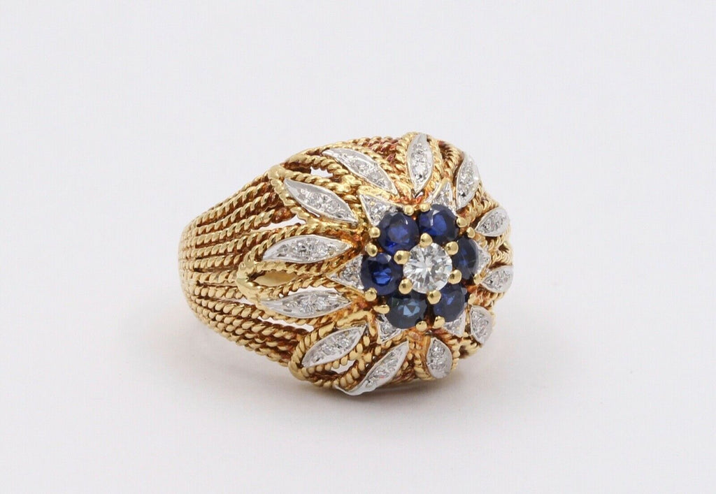 Italian Vintage High Dome Cluster Ring Sapphires Diamonds 18K YG WG Ring
