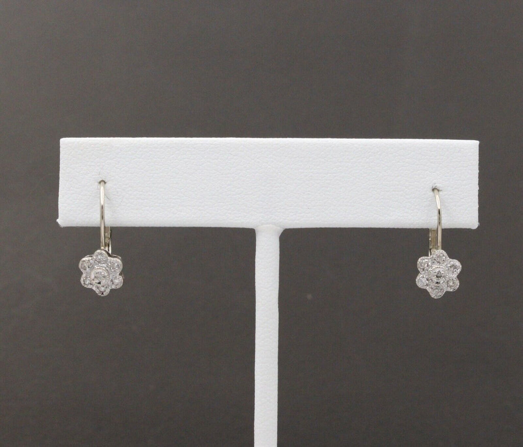 Sweet 14K White Gold Floral Round Cut Diamond Earrings