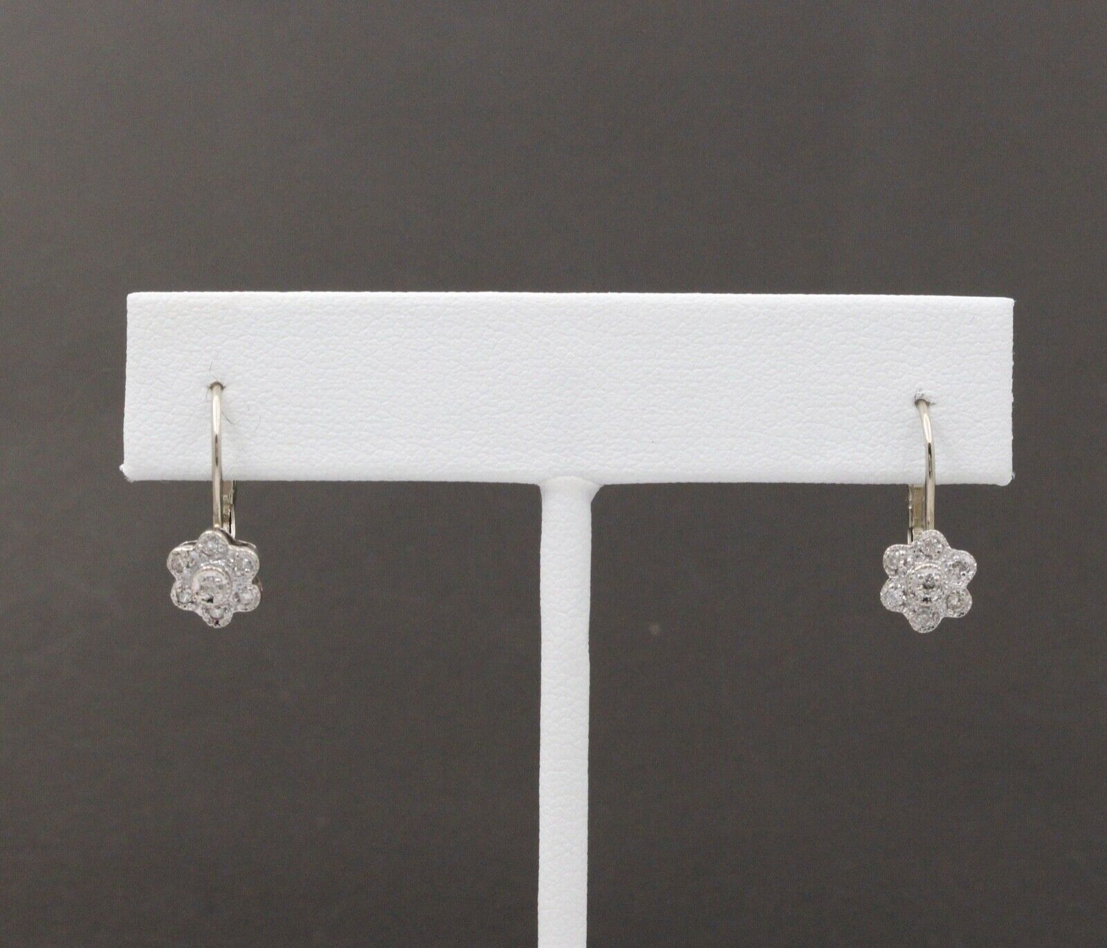 Sweet 14K White Gold Floral Round Cut Diamond Earrings