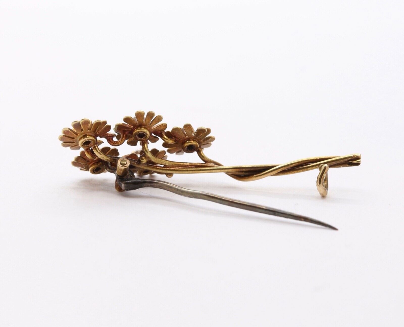 Vintage Diamonds Flowers Enamel 14K Yellow Gold Brooch Pin