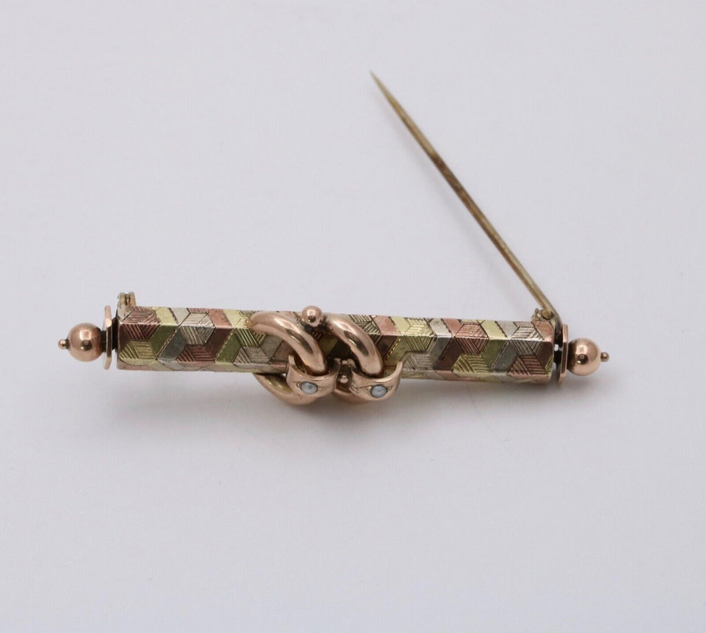 Antique Victorian Tri- Color 10K Gold Pearl Bar Pin, Antique Brooch