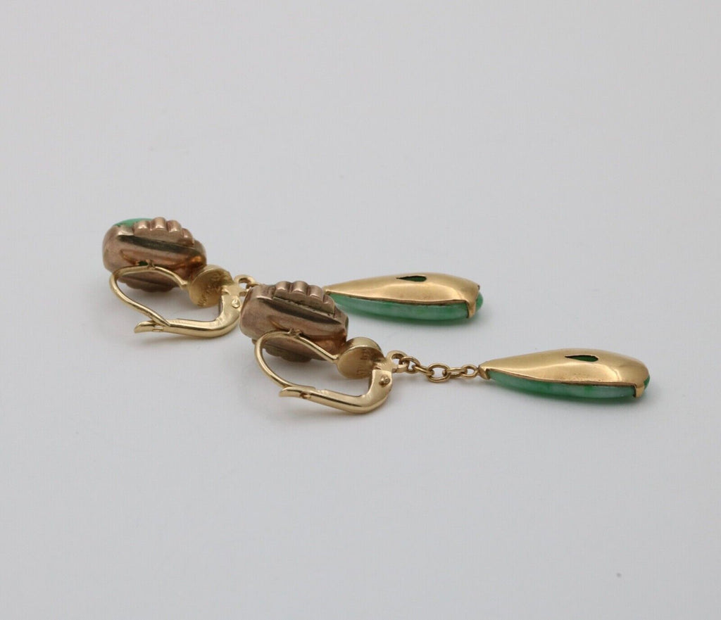 Vintage Bohemian Style 14K Yellow Gold Jadeite Jade Dangling Earring