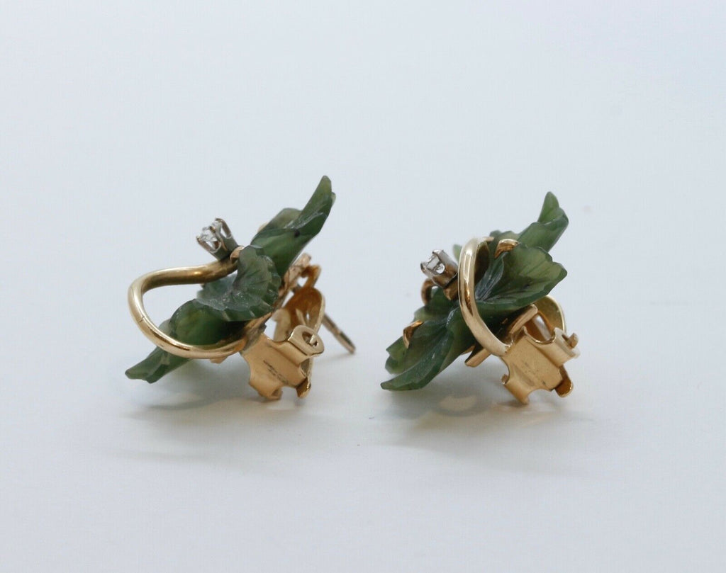 Vintage Carved Jade Diamonds 14K Yellow Gold Earrings
