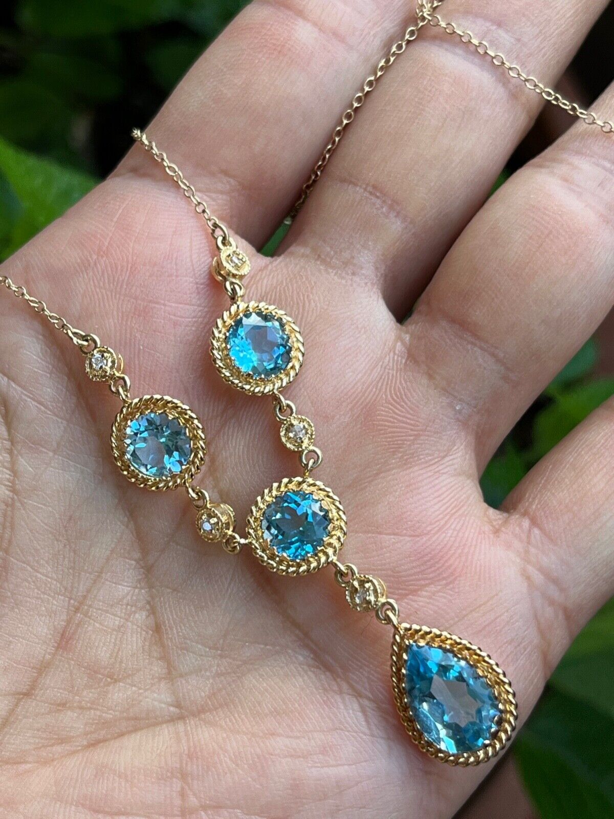 Vintage 14K Yellow Gold Teardrop Blue Zircon Festoon Necklace. Negligee Necklace