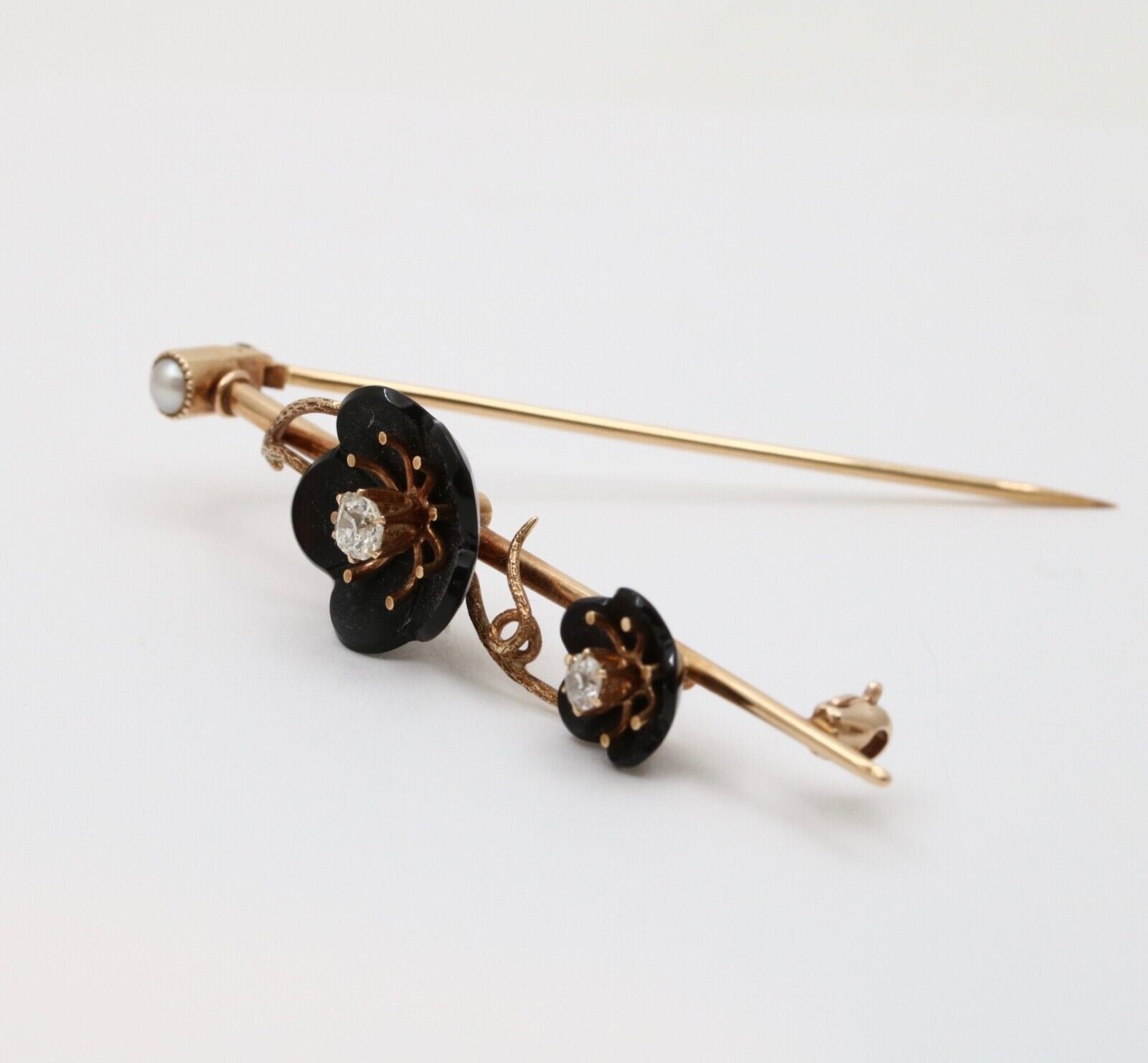 Vintage Diamond Flower 14K Yellow Gold Bar Pin