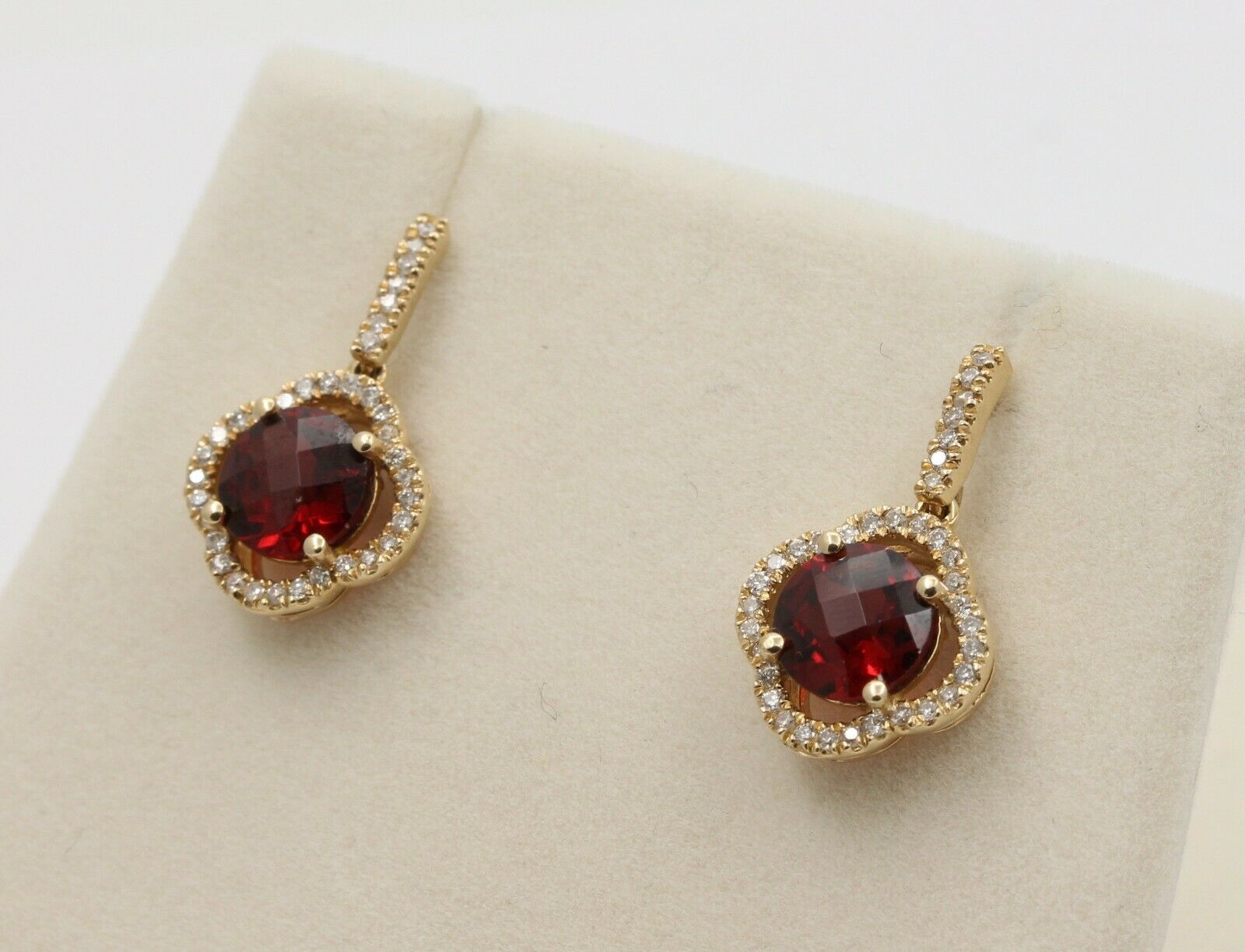 Vintage 14K Yellow Gold Alhambra Style Diamond Garnet Drop Earrings