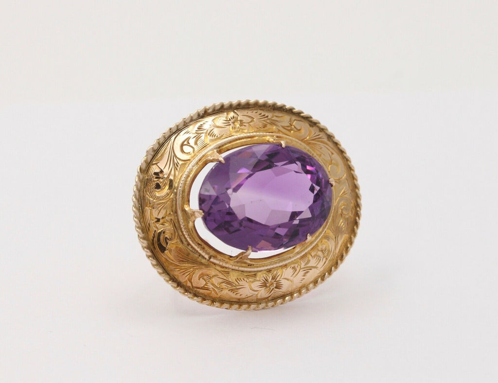 Victorian Revival Oval Amethyst 14K Yellow Gold Brooch Pin