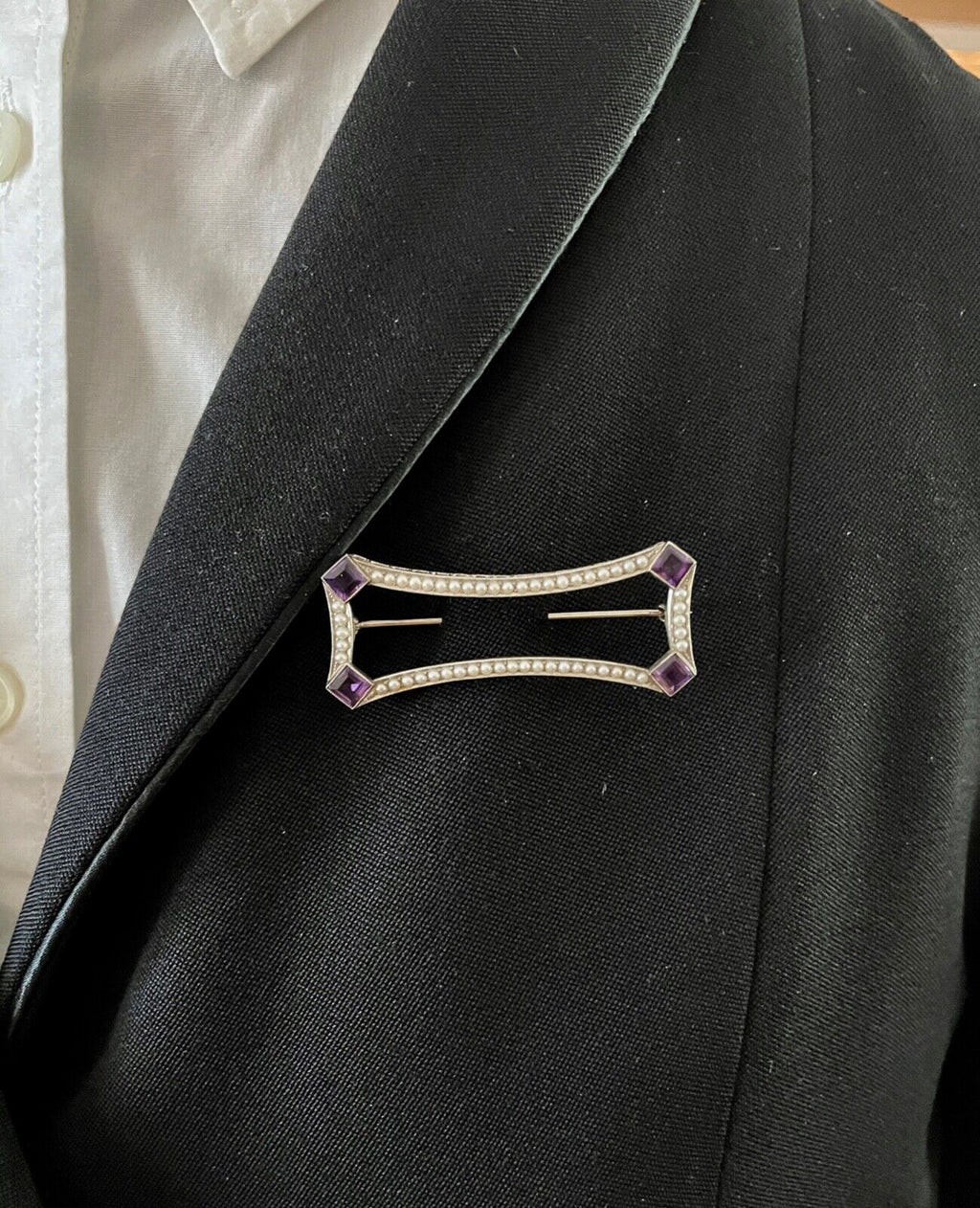 Antique Art Deco Amethyst & Split Pearl 14K White Gold Brooch, Pin