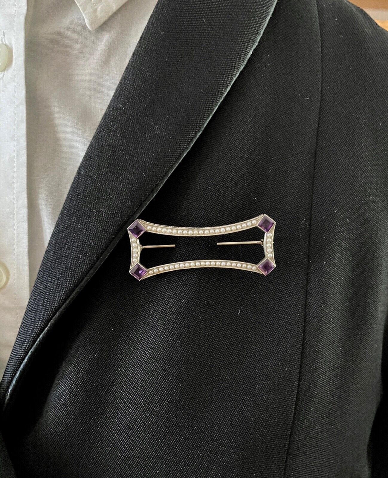 Antique Art Deco Amethyst & Split Pearl 14K White Gold Brooch, Pin