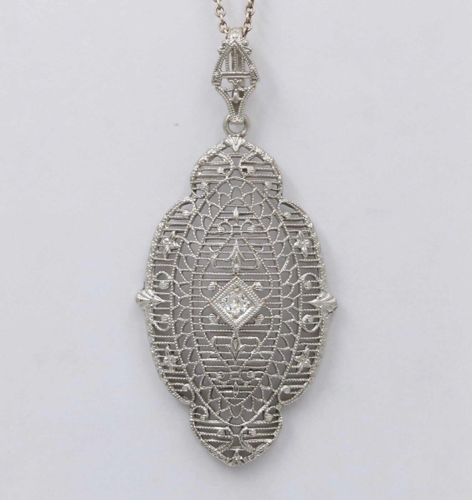 Art Deco 14K White Gold Filigree Diamond Pendant Necklace