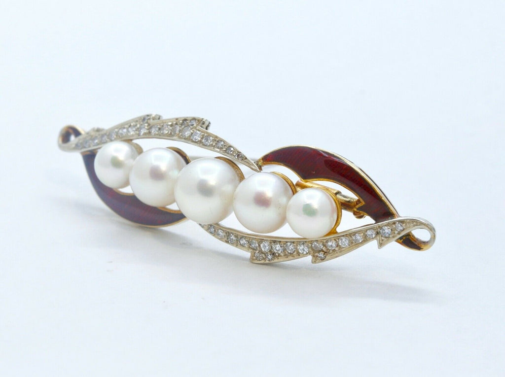 Unique Art Deco Diamonds Pearls Red Enamel 18K Yellow Gold Brooch Pin