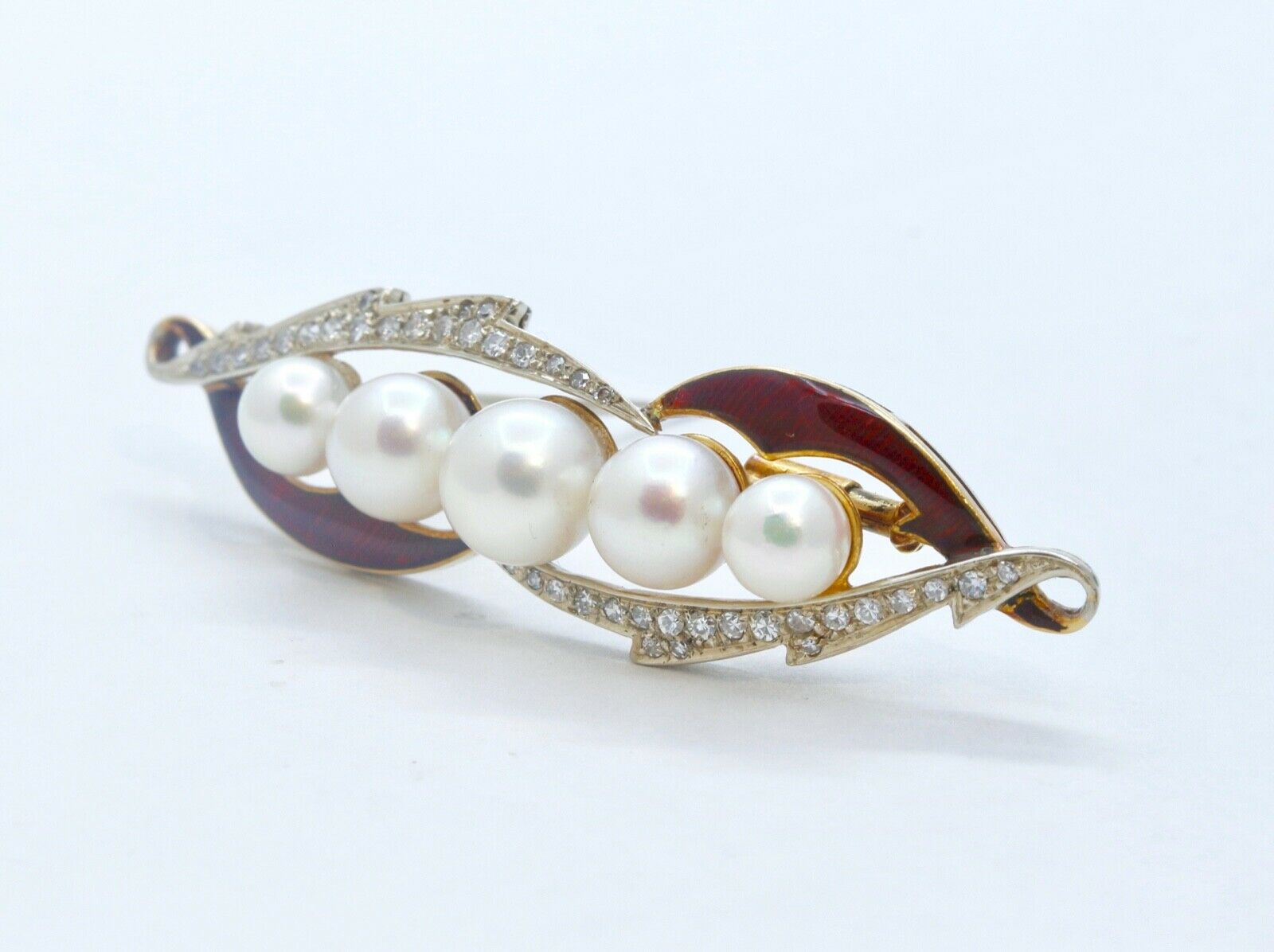 Unique Art Deco Diamonds Pearls Red Enamel 18K Yellow Gold Brooch Pin