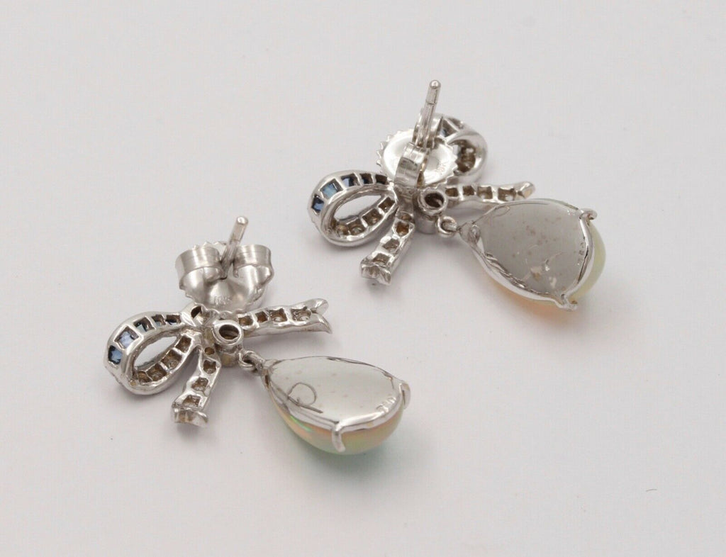 Vintage Estate Bow Opal, Diamond & Sapphire Dangling Earrings.