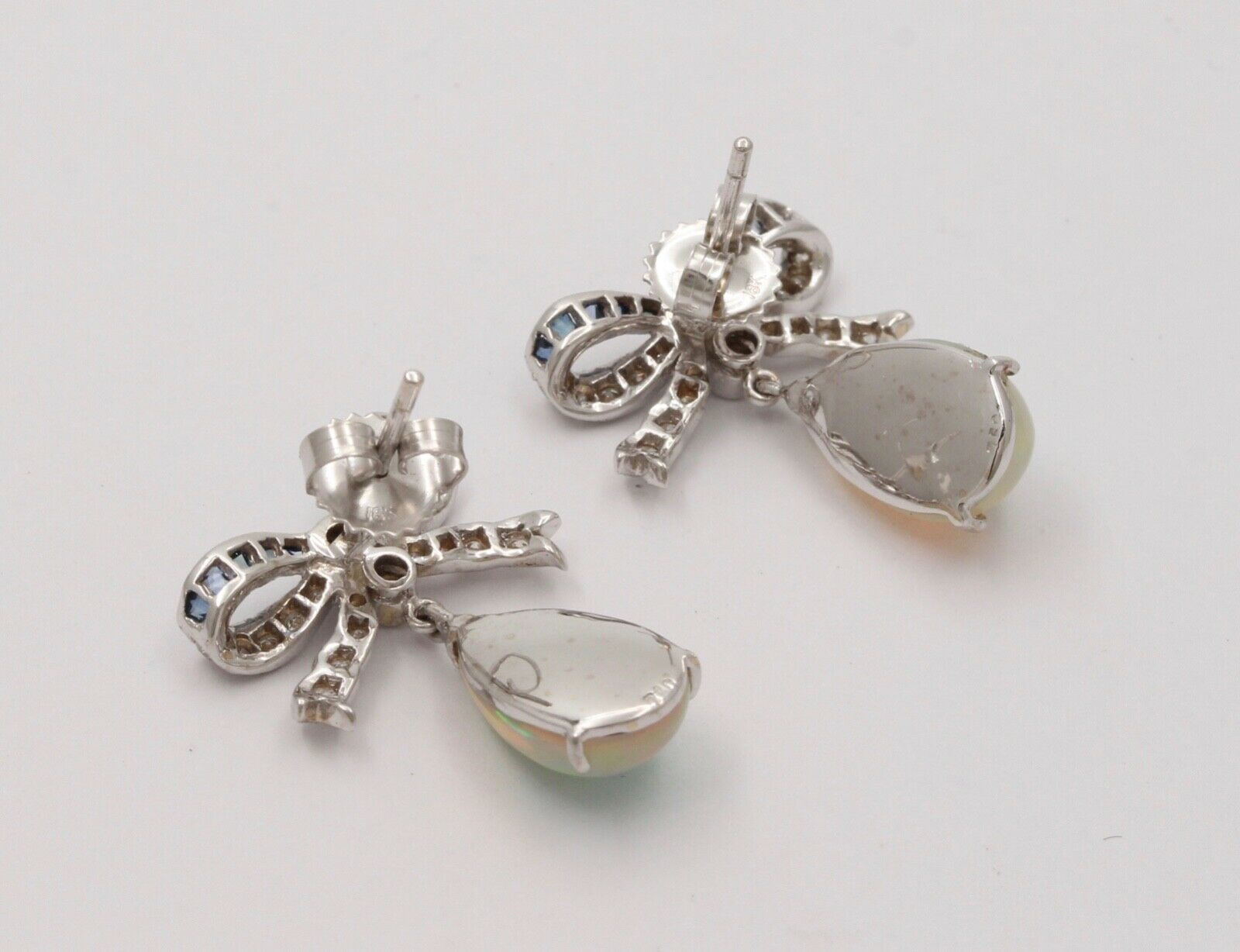 Vintage Estate Bow Opal, Diamond & Sapphire Dangling Earrings.