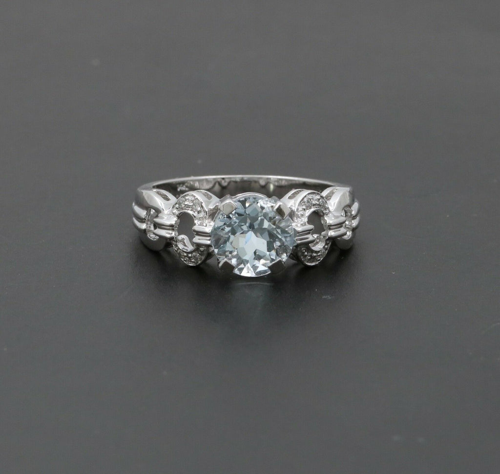 Vintage 14K White Gold Aquamarine Diamond Ring Band, Engagement Ring.